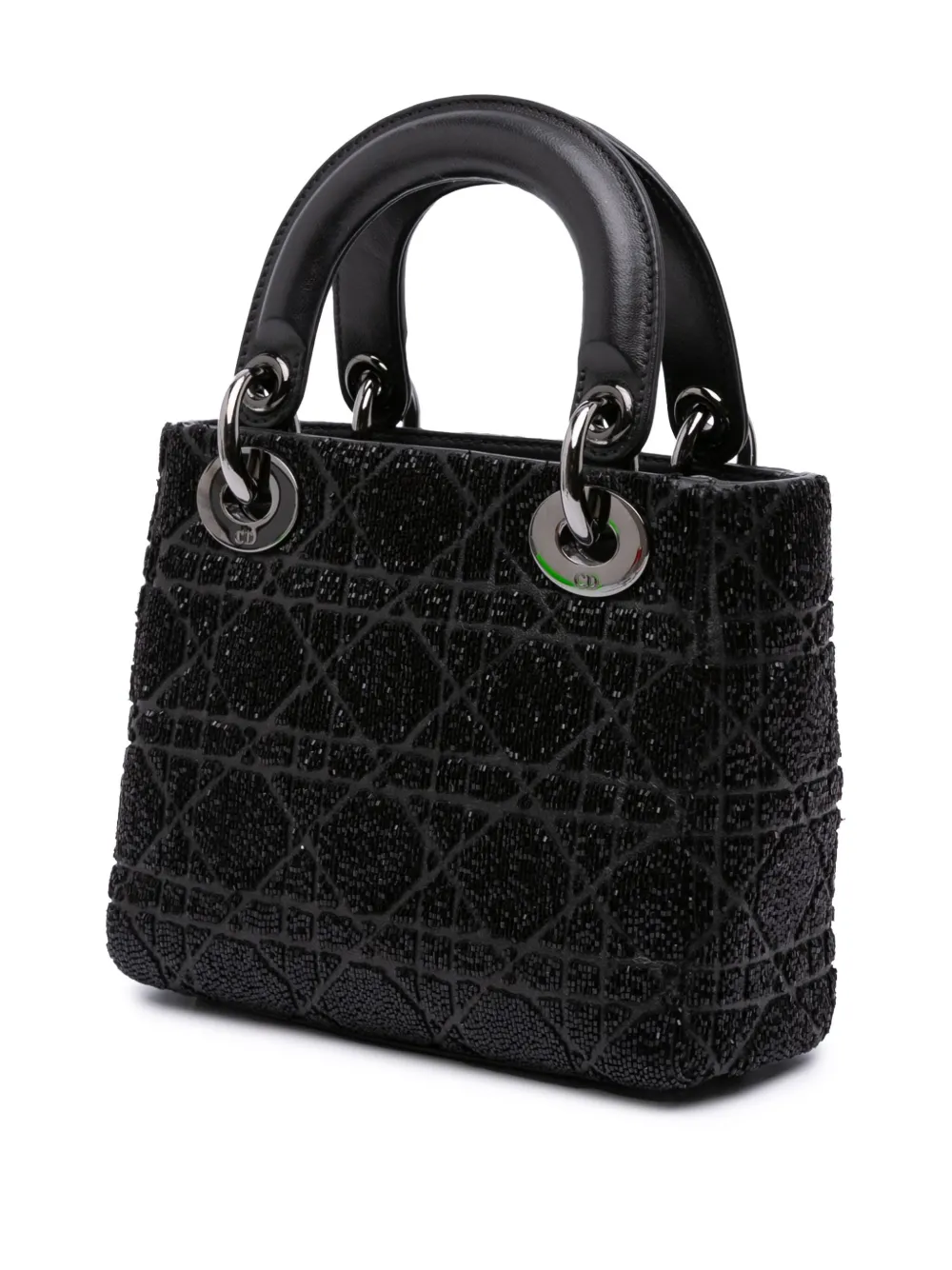 Pre-owned Dior 2021 Mini Beaded Lambskin Crystal Cannage Lady Satchel In Black