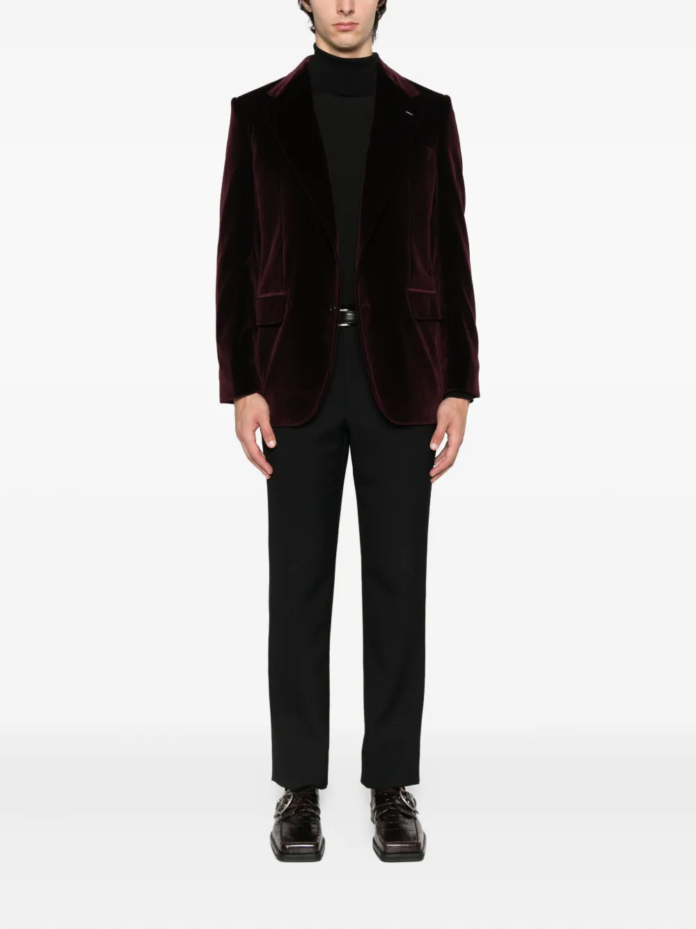 Husbands Velvet Single-breasted Blazer In Burgundy