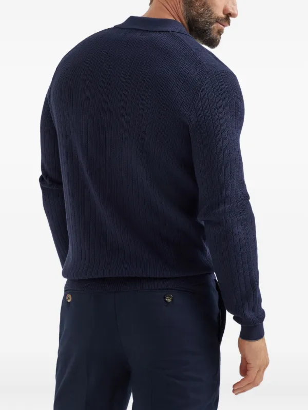 Brunello Cucinelli Ribbed long-sleeve Polo Shirt | Blue | FARFETCH