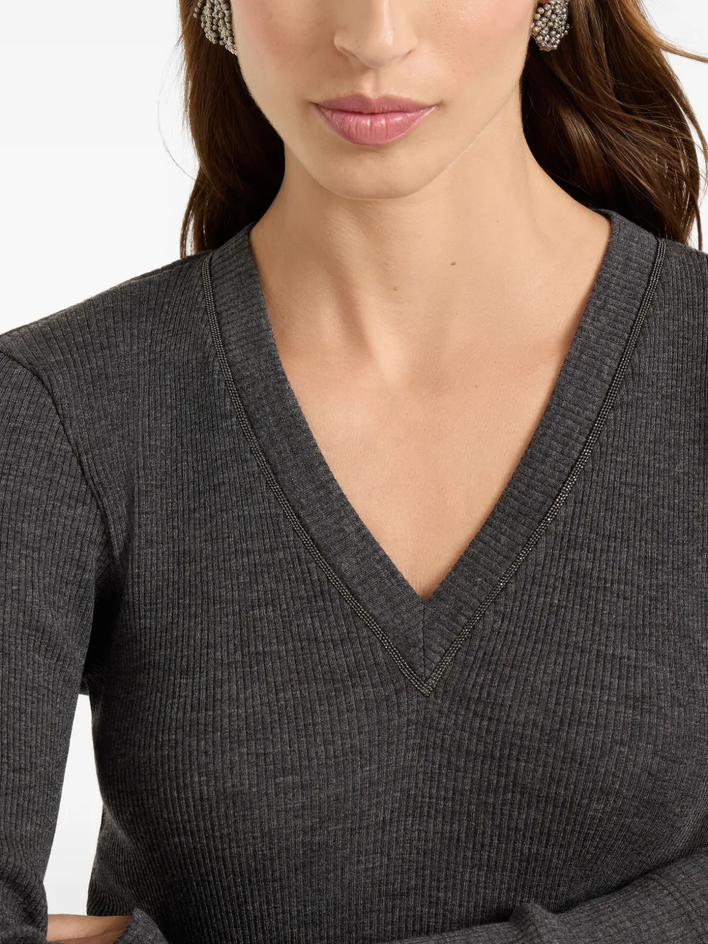 Brunello Cucinelli ribbed V-neck sweater Grijs