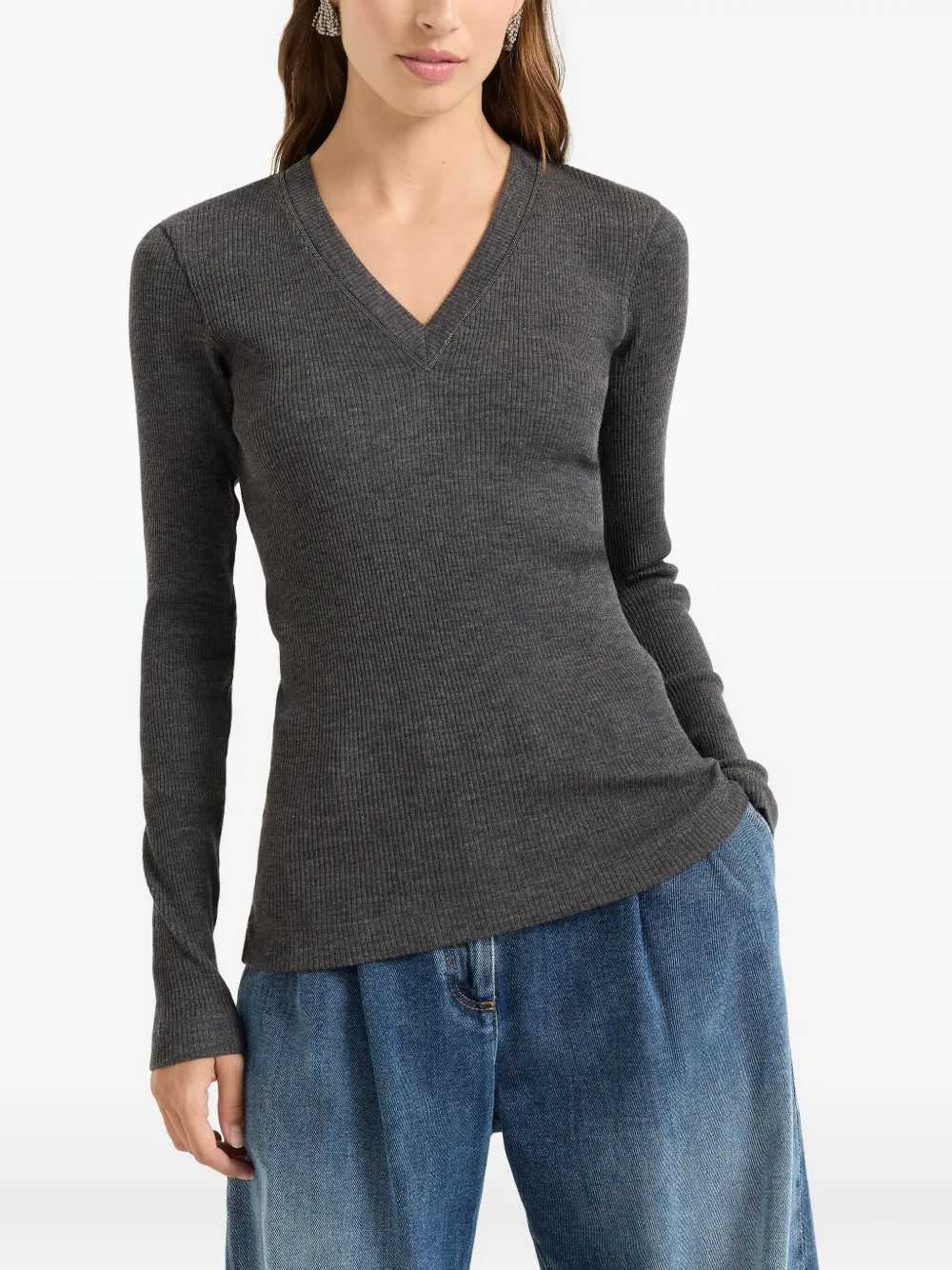 Brunello Cucinelli ribbed V-neck sweater Grijs
