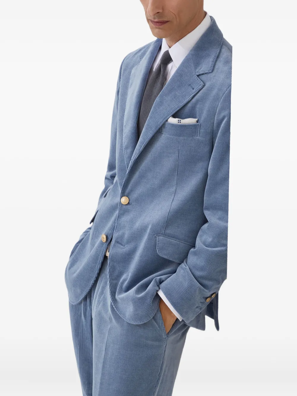 Brunello Cucinelli Ribfluwelen blazer met enkele rij knopen Blauw