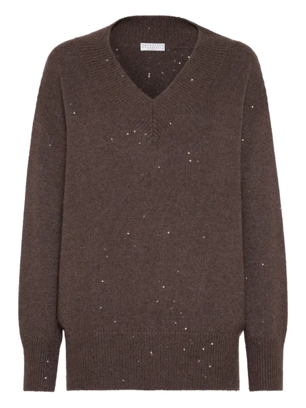 Brunello Cucinelli sequin-embellished V-neck Sweater | Brown