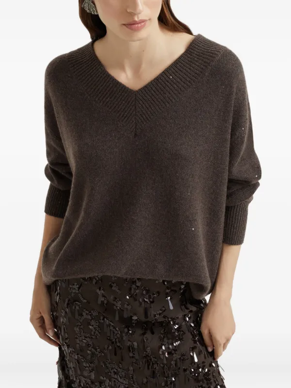 Brunello Cucinelli sequin-embellished V-neck Sweater | Brown