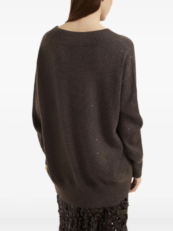 Brunello Cucinelli sequin-embellished V-neck Sweater | Brown
