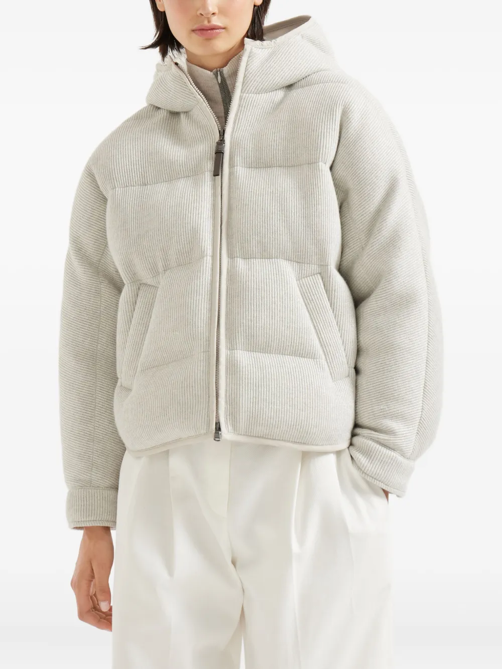 Brunello Cucinelli hooded ribbed puffer jacket Beige