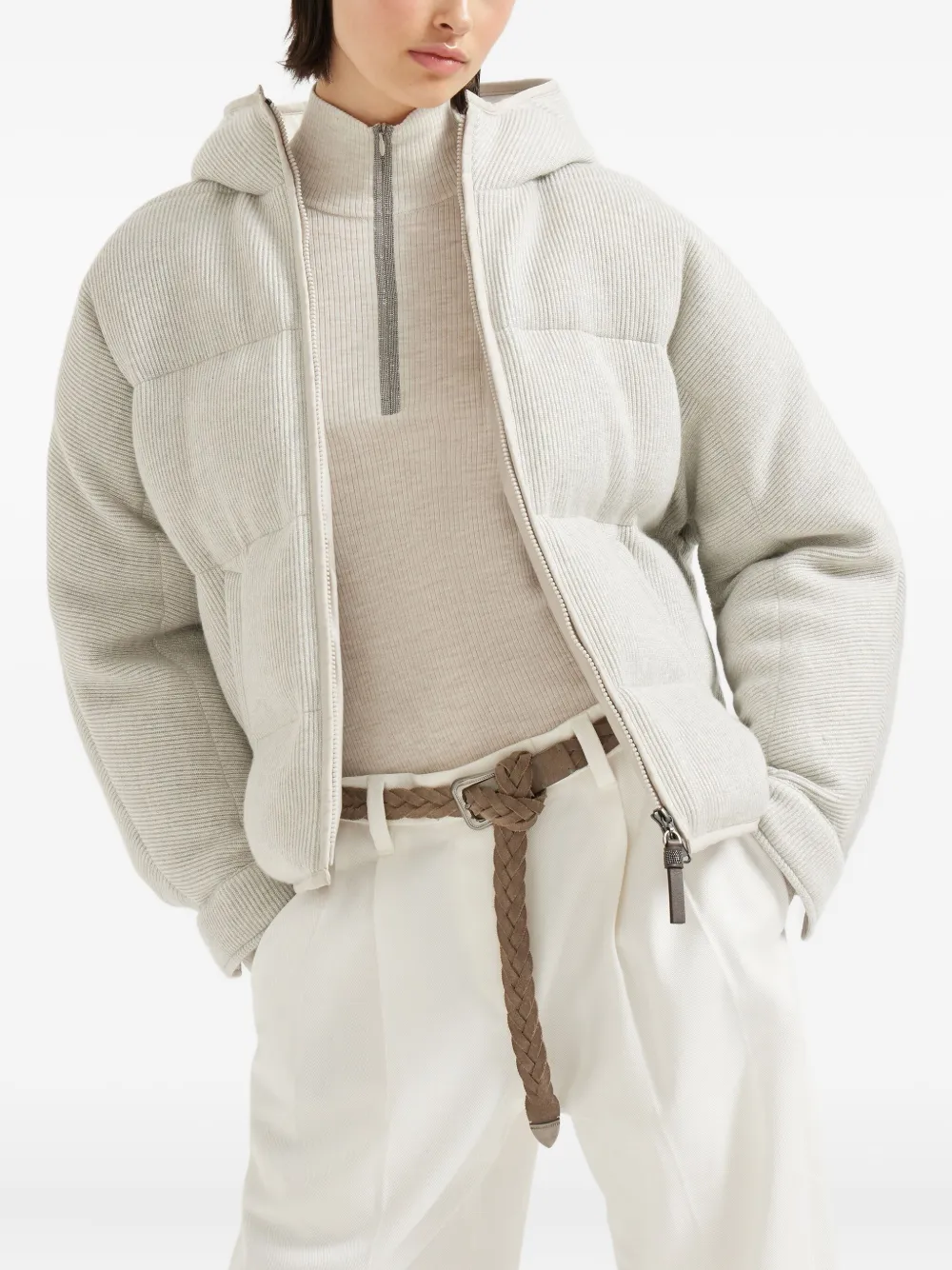 Brunello Cucinelli hooded ribbed puffer jacket Beige