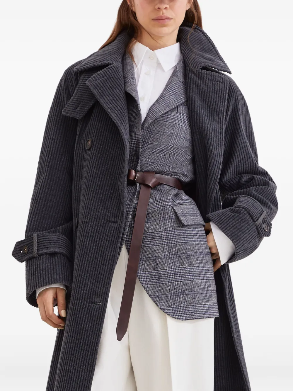 Brunello Cucinelli Corduroy Belted Trench Coat In Gray