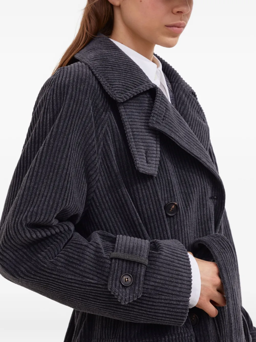 Brunello Cucinelli Corduroy Belted Trench Coat In Gray