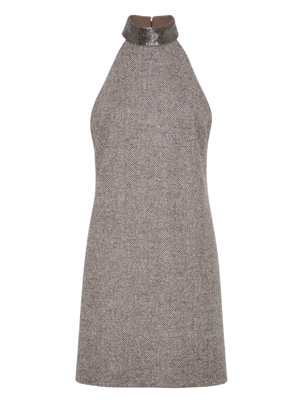 Brunello Cucinelli Halter-neck Herringbone Tweed Dress In Brown