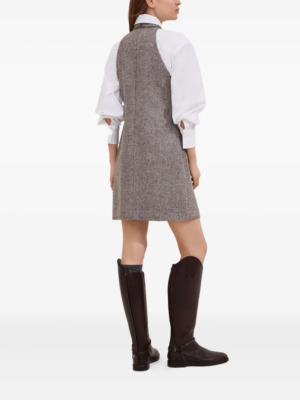 Brunello Cucinelli Tweed jurk met halternek en visgraatpatroon Bruin