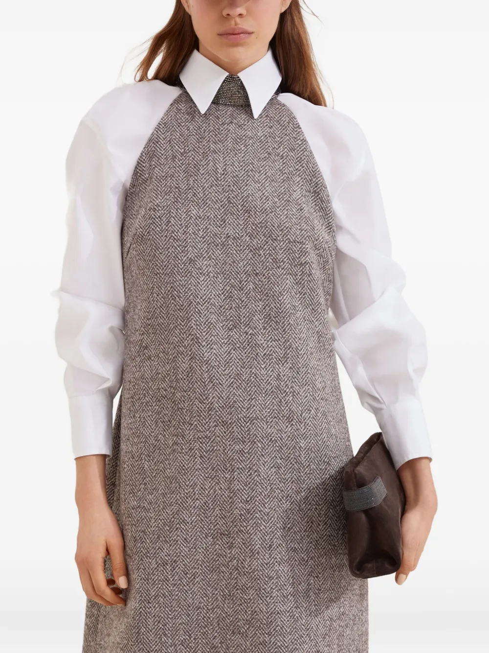 Brunello Cucinelli Tweed jurk met halternek en visgraatpatroon Bruin
