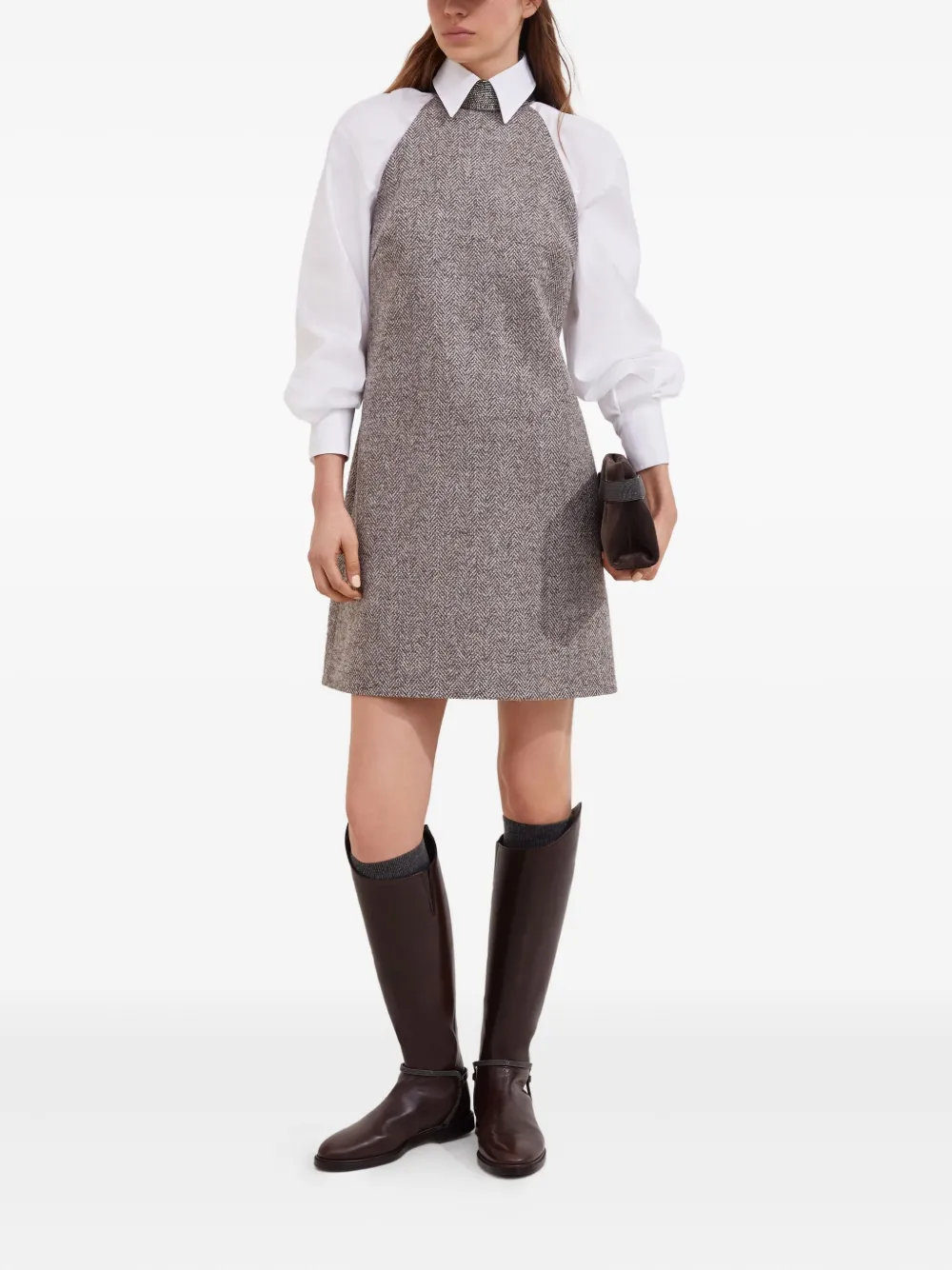 Brunello Cucinelli Tweed jurk met halternek en visgraatpatroon Bruin