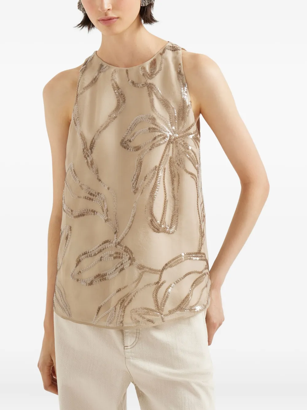 Brunello Cucinelli floral sequin top Beige