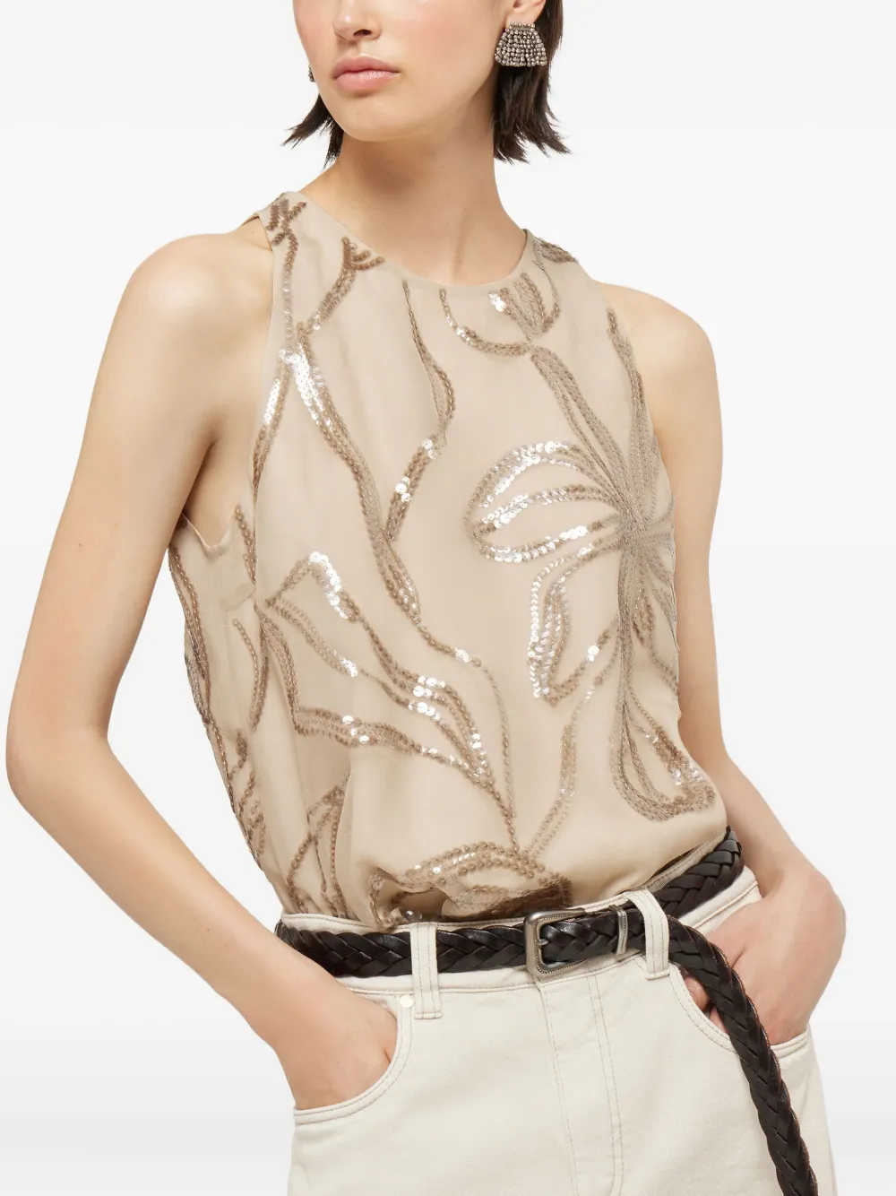 Brunello Cucinelli floral sequin top Beige