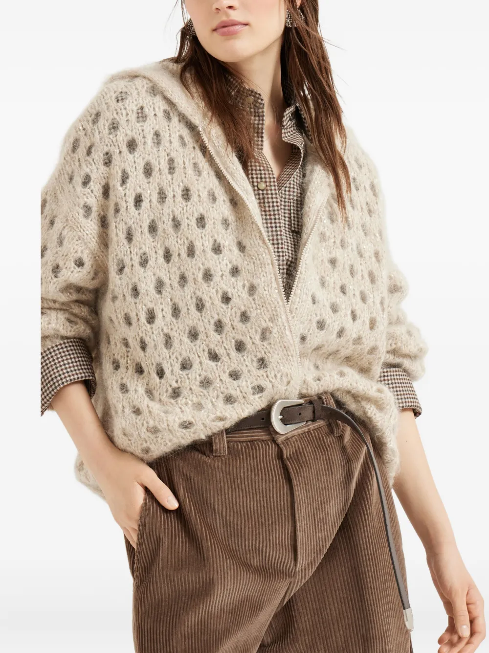 Brunello Cucinelli Vest met capuchon en gaten Beige