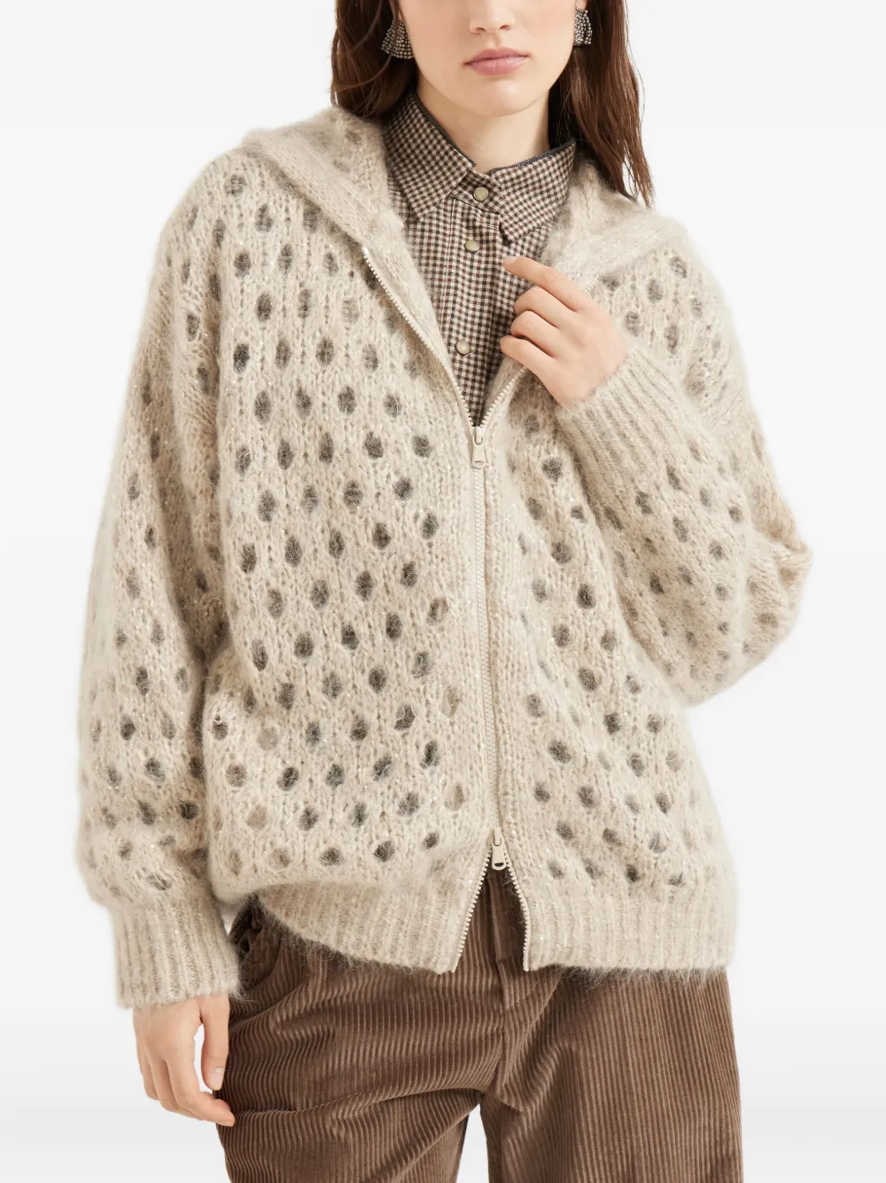 Brunello Cucinelli Vest met capuchon en gaten Beige