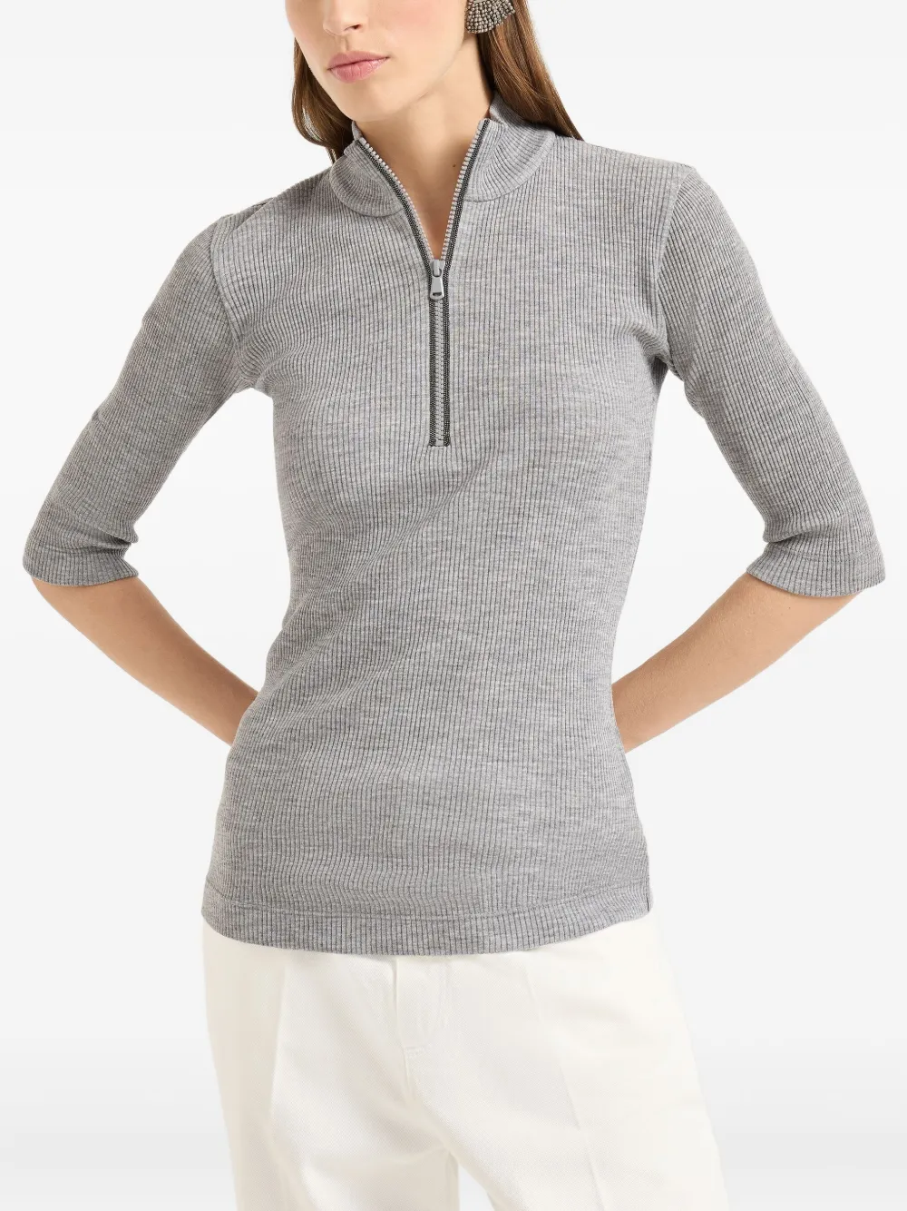 Brunello Cucinelli ribbed zip-neck top Grijs