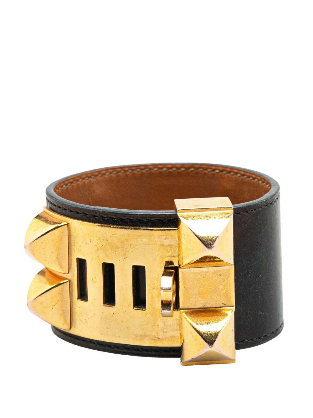 Pre-owned Hermes 2016 Box Calf And Gold Plated Collier De Chien Bracelet S Costume Bracelet
