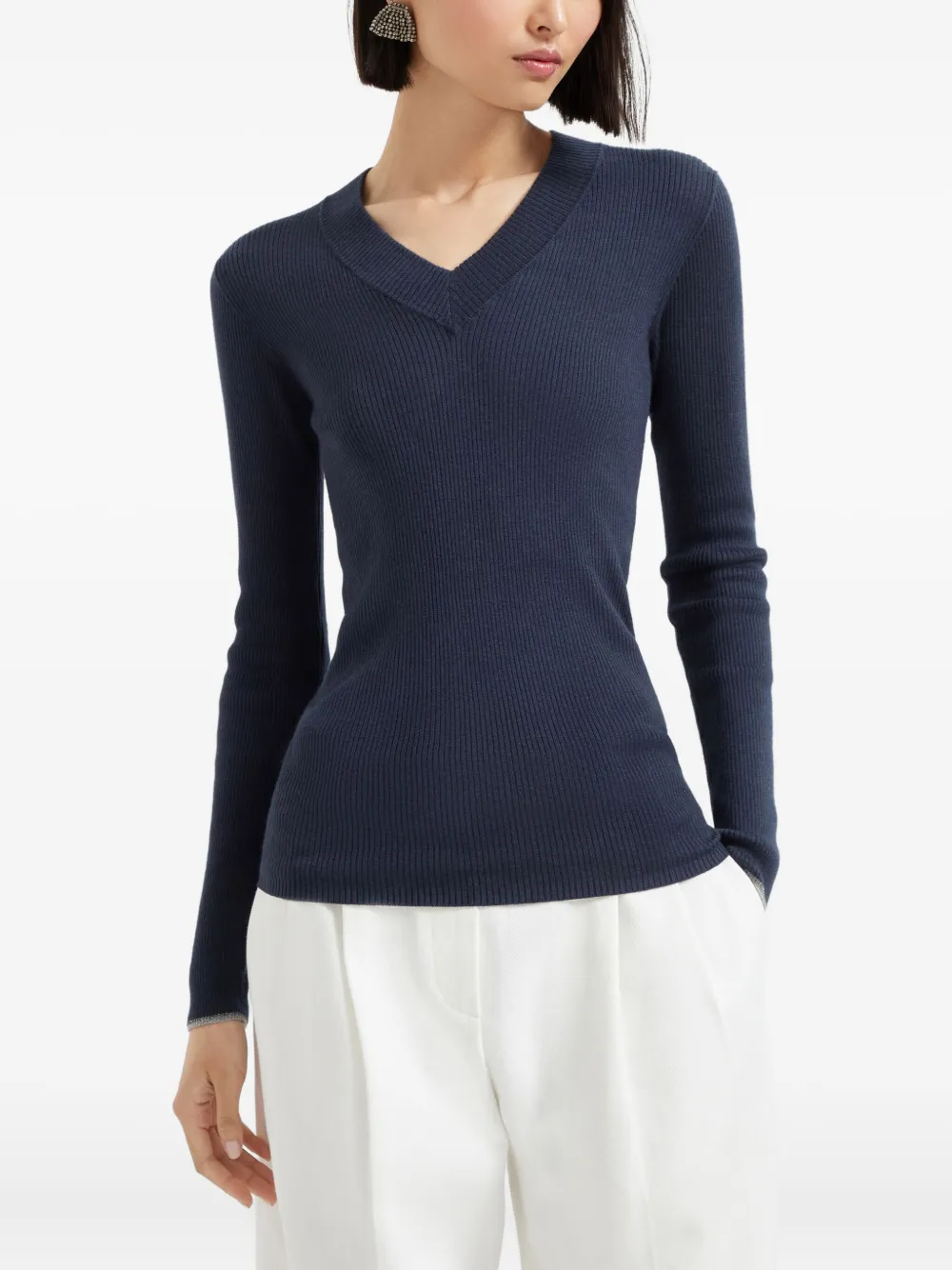 Brunello Cucinelli Geribbelde sweater met V-hals Blauw