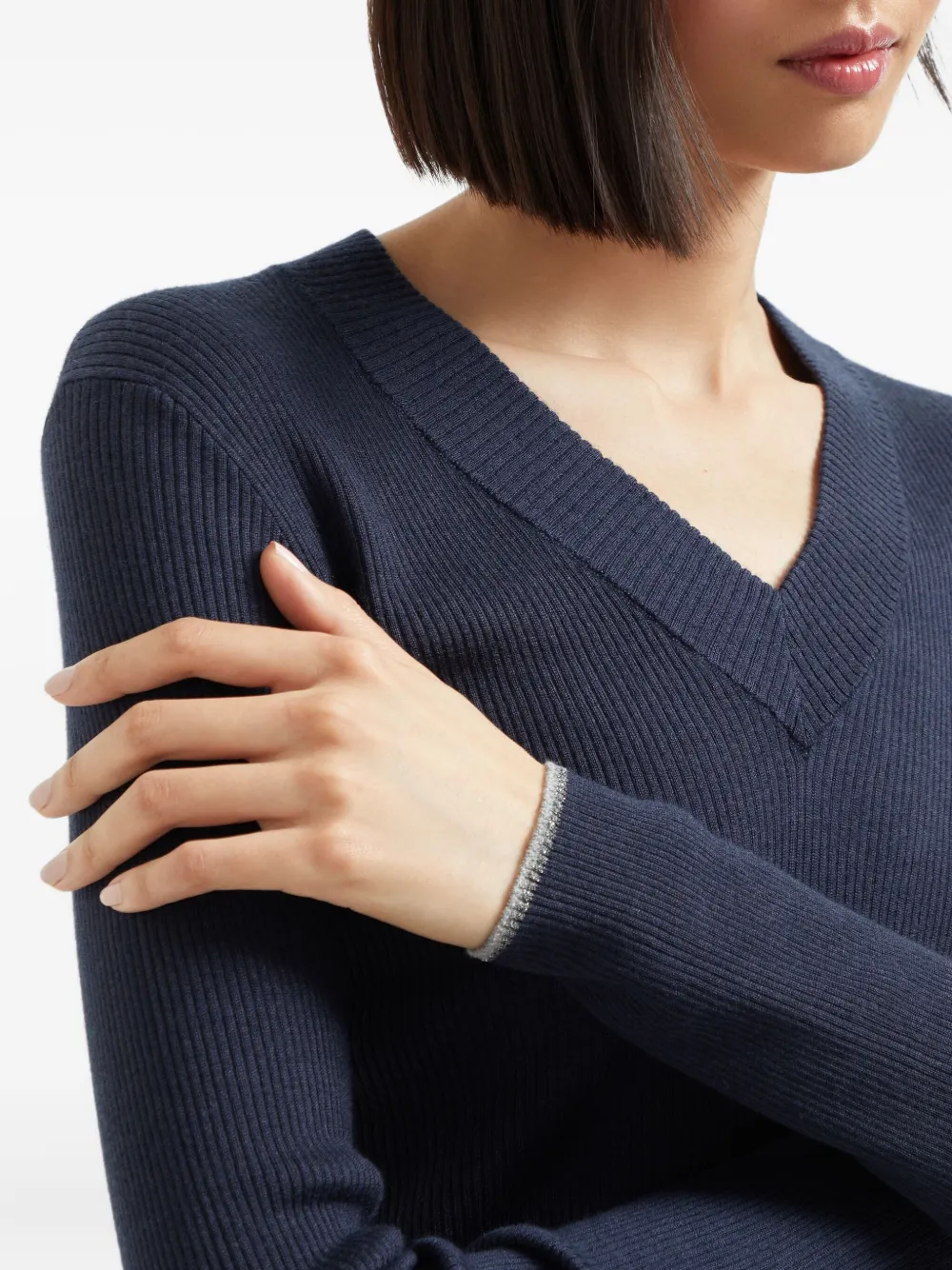 Brunello Cucinelli Geribbelde sweater met V-hals Blauw