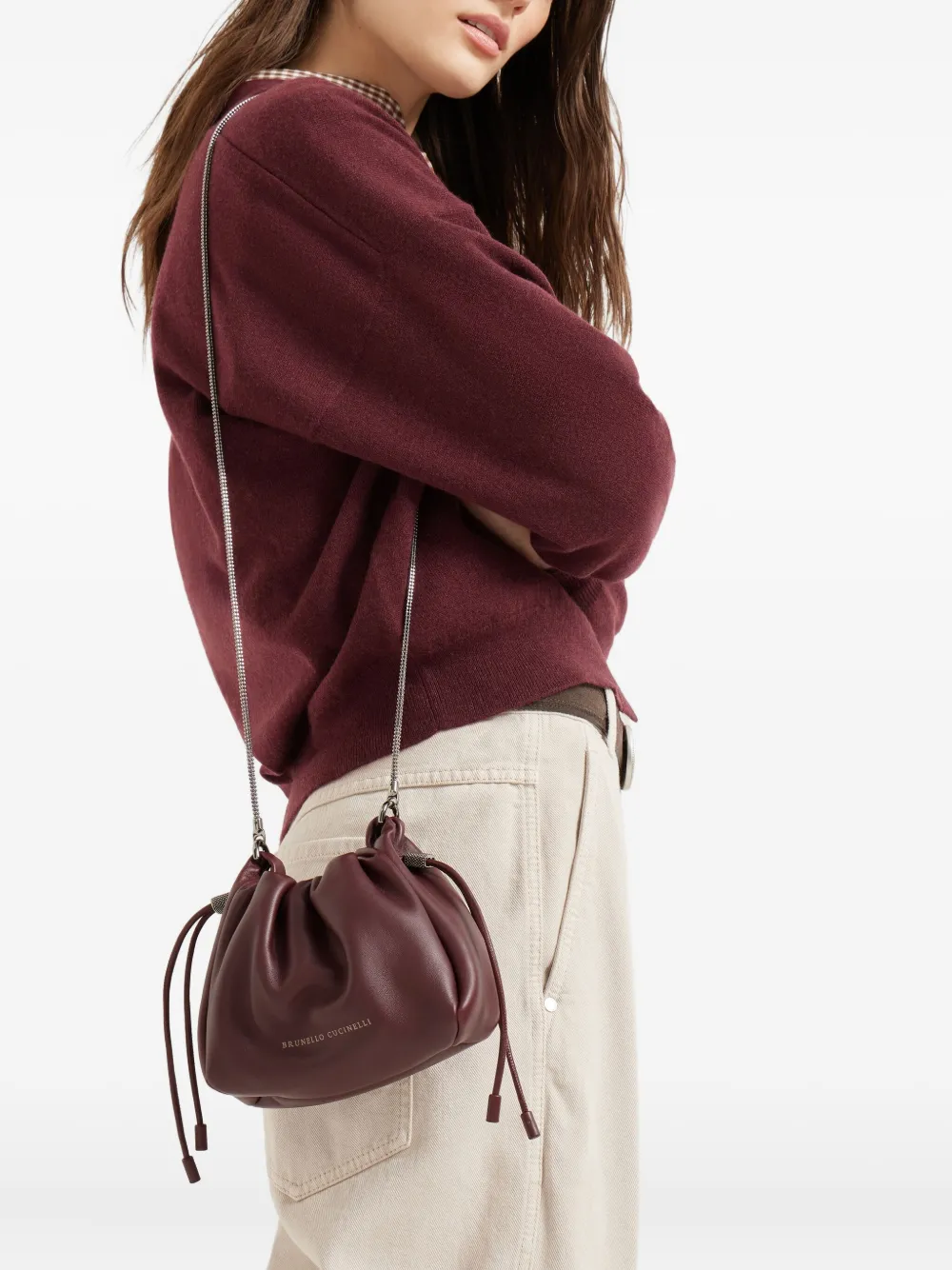 Brunello Cucinelli Mellow Mini drawstring bucket bag Rood