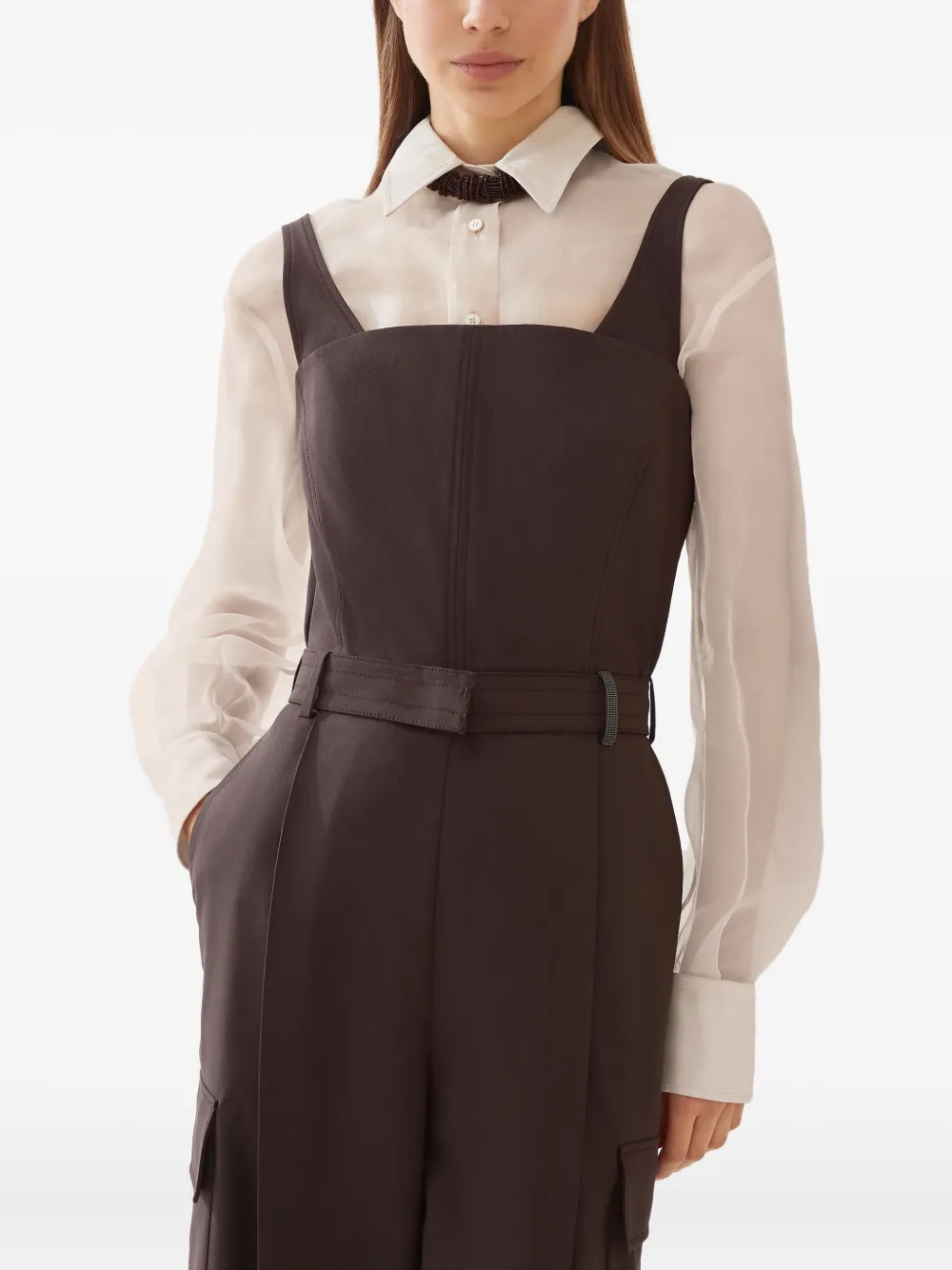 Brunello Cucinelli Tropical cargo jumpsuit met ceintuur Bruin