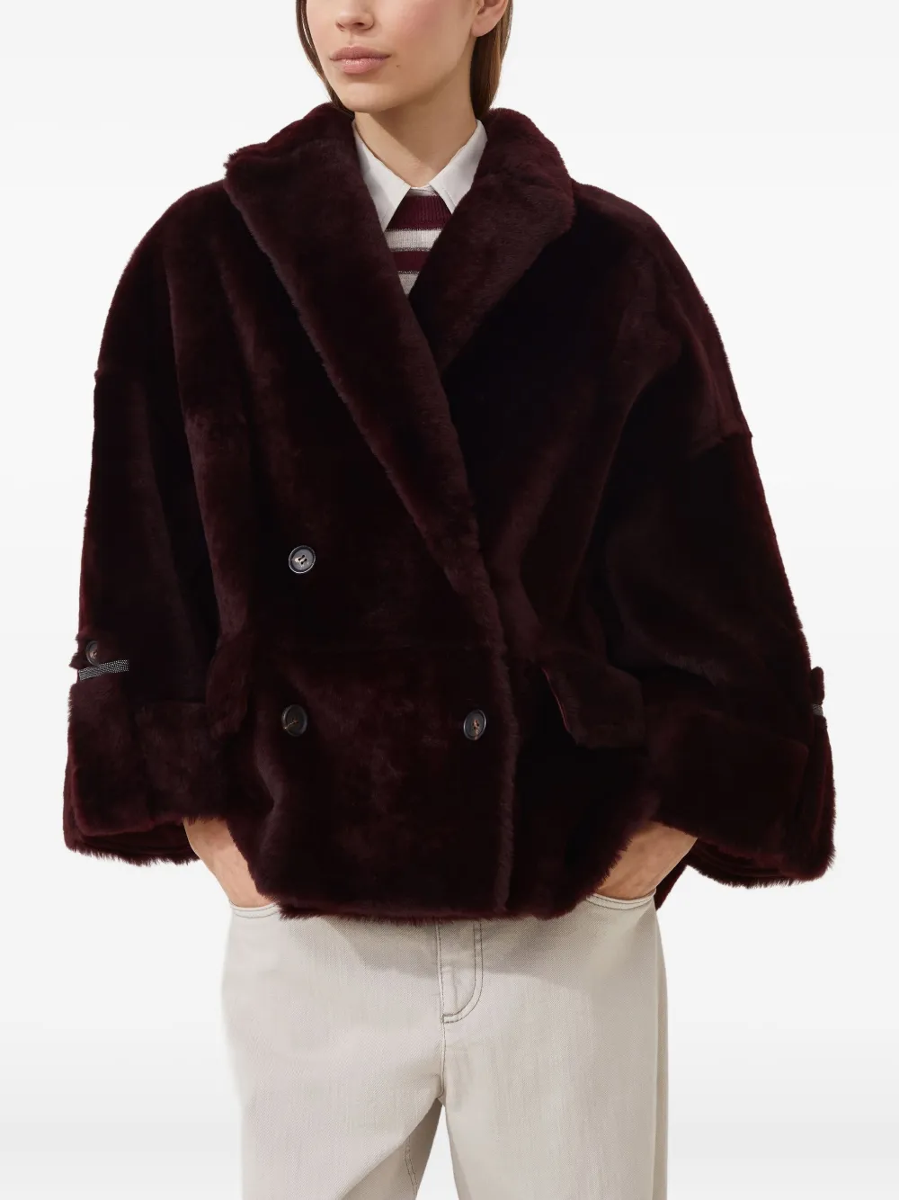 Brunello Cucinelli Jack met dubbele rij knopen en lamswol Rood