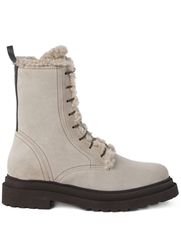 Brunello Cucinelli Lace-up Shearling Boots in Neutrals