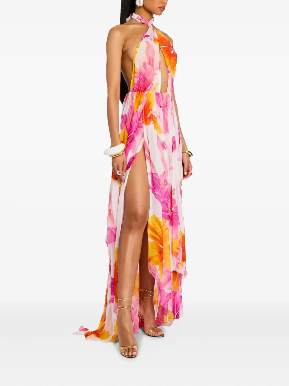 Retrofete Jurk met halternek en bloemenprint - Wit