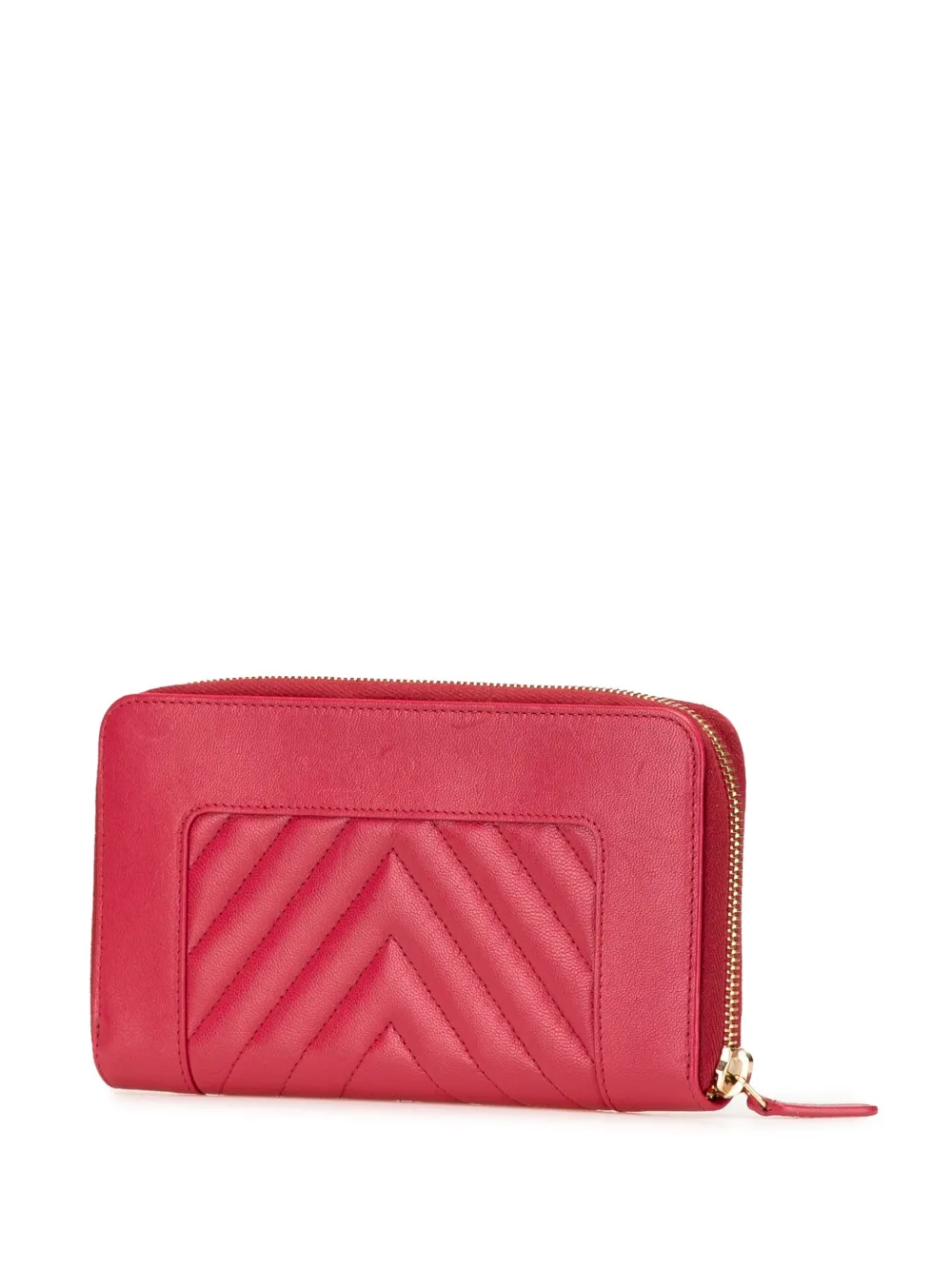Pre-owned Chanel 2017-2018 Chevron Sheepskin Mademoiselle Zip Around Wallet Long Wallets In Red