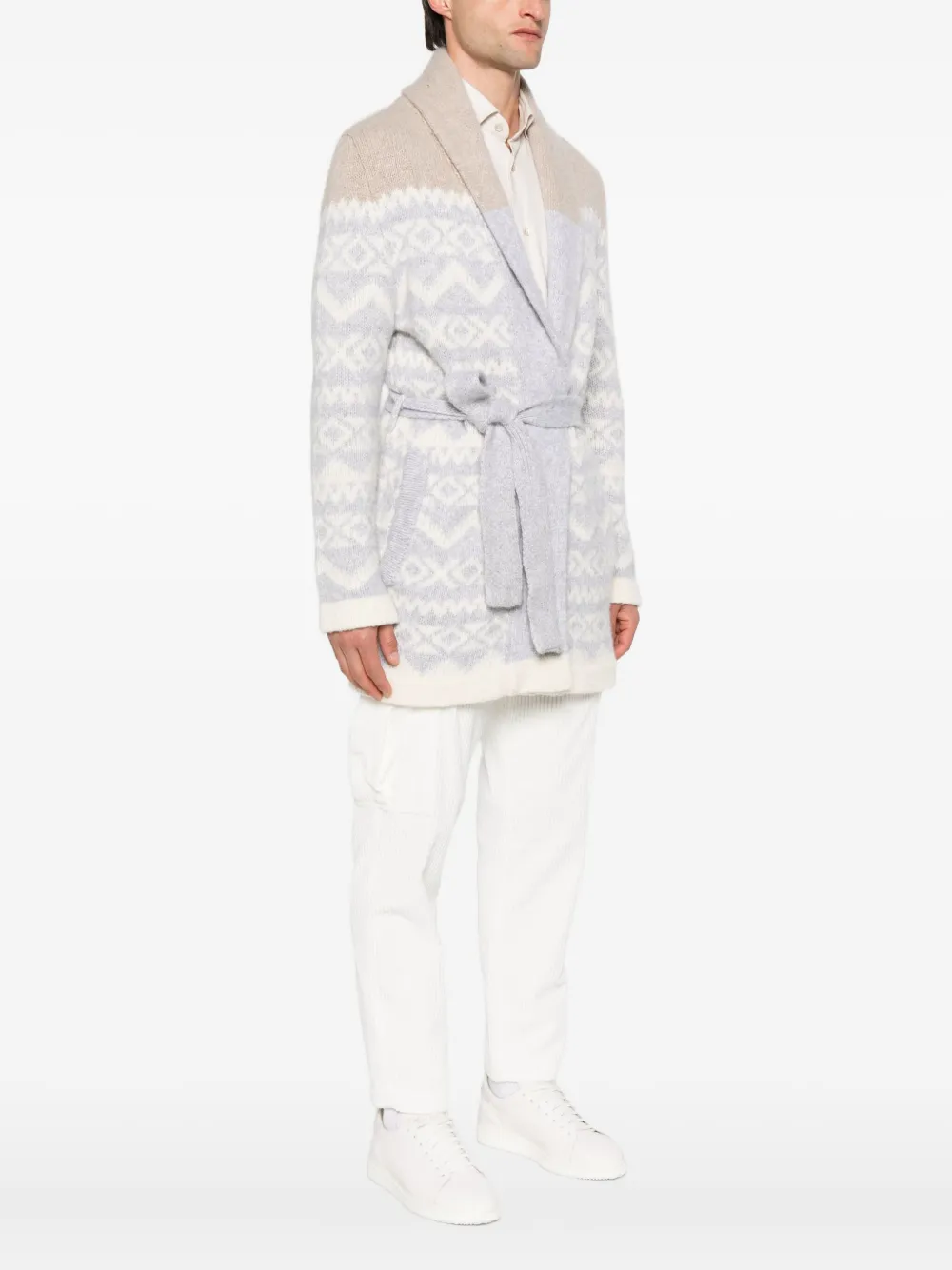 Eleventy patterned-jacquard belted cardigan Beige