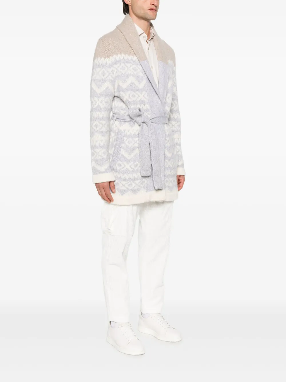  Eleventy Patterned-jacquard Belted Cardigan - Neutrals 