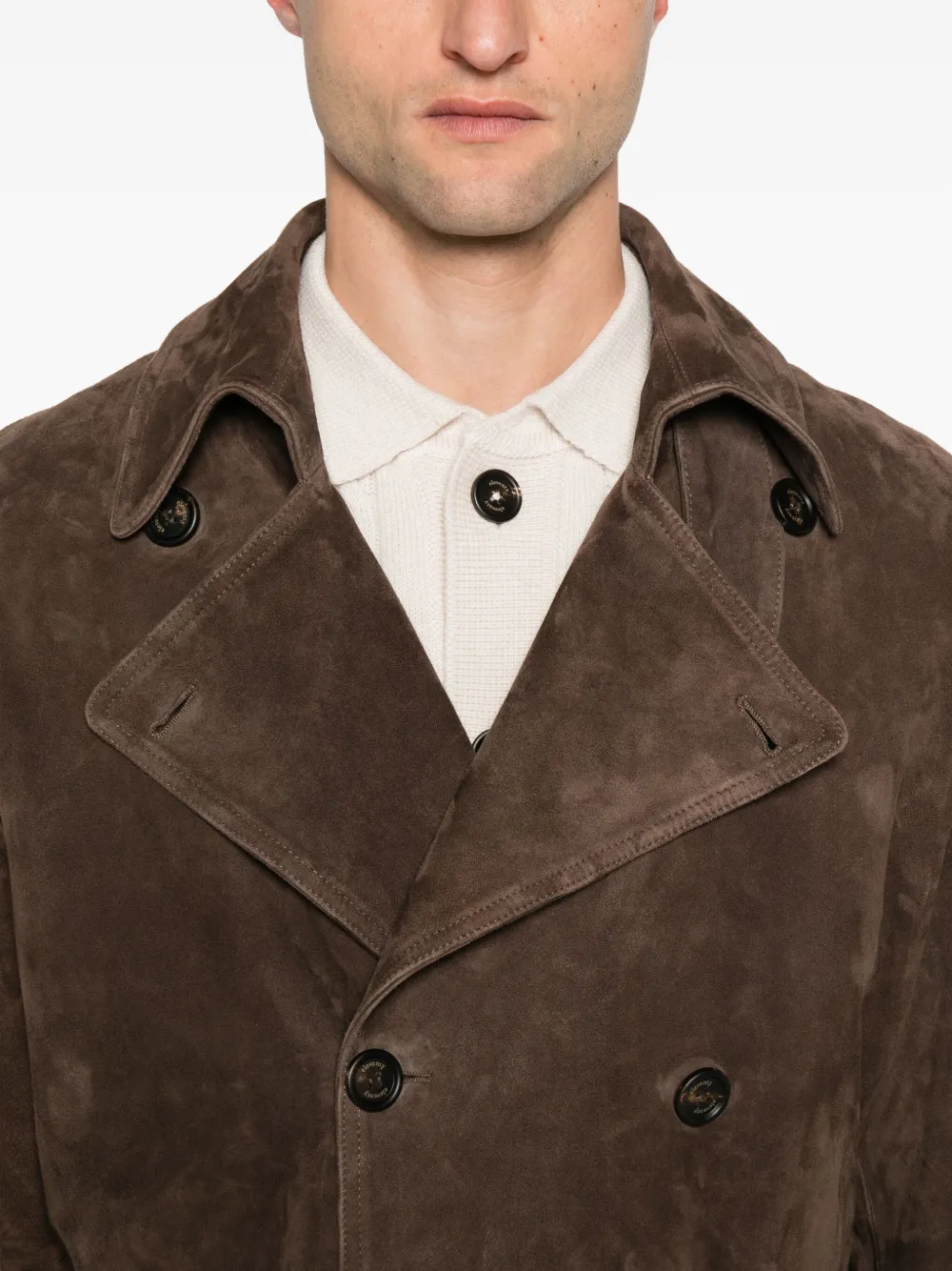 Eleventy Suède trenchcoat met ceintuur en dubbele rij knopen Bruin