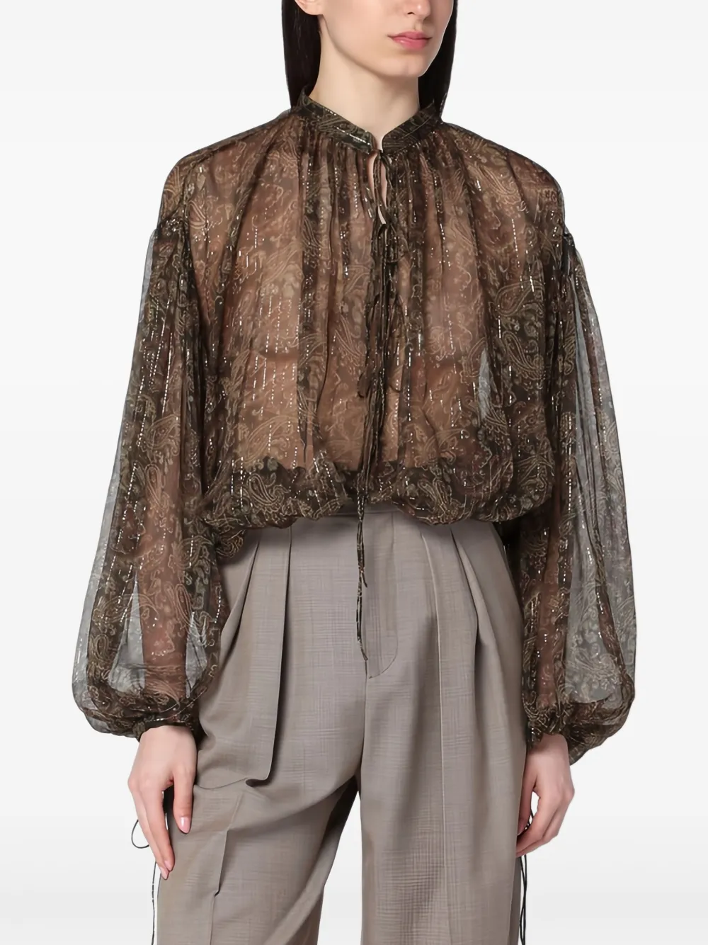 Saint Laurent Paisley-print Drawstring Blouse In Green