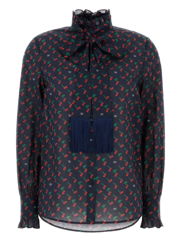 Valentino Garavani チェリープリント ラッフルシャツ | ブルー