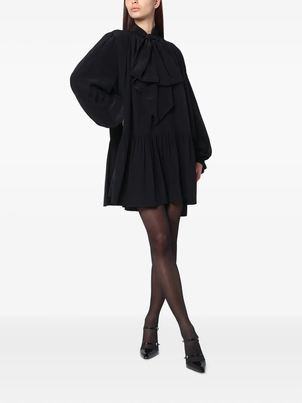 Saint Laurent Gelaagde mini-jurk met strikhals Zwart