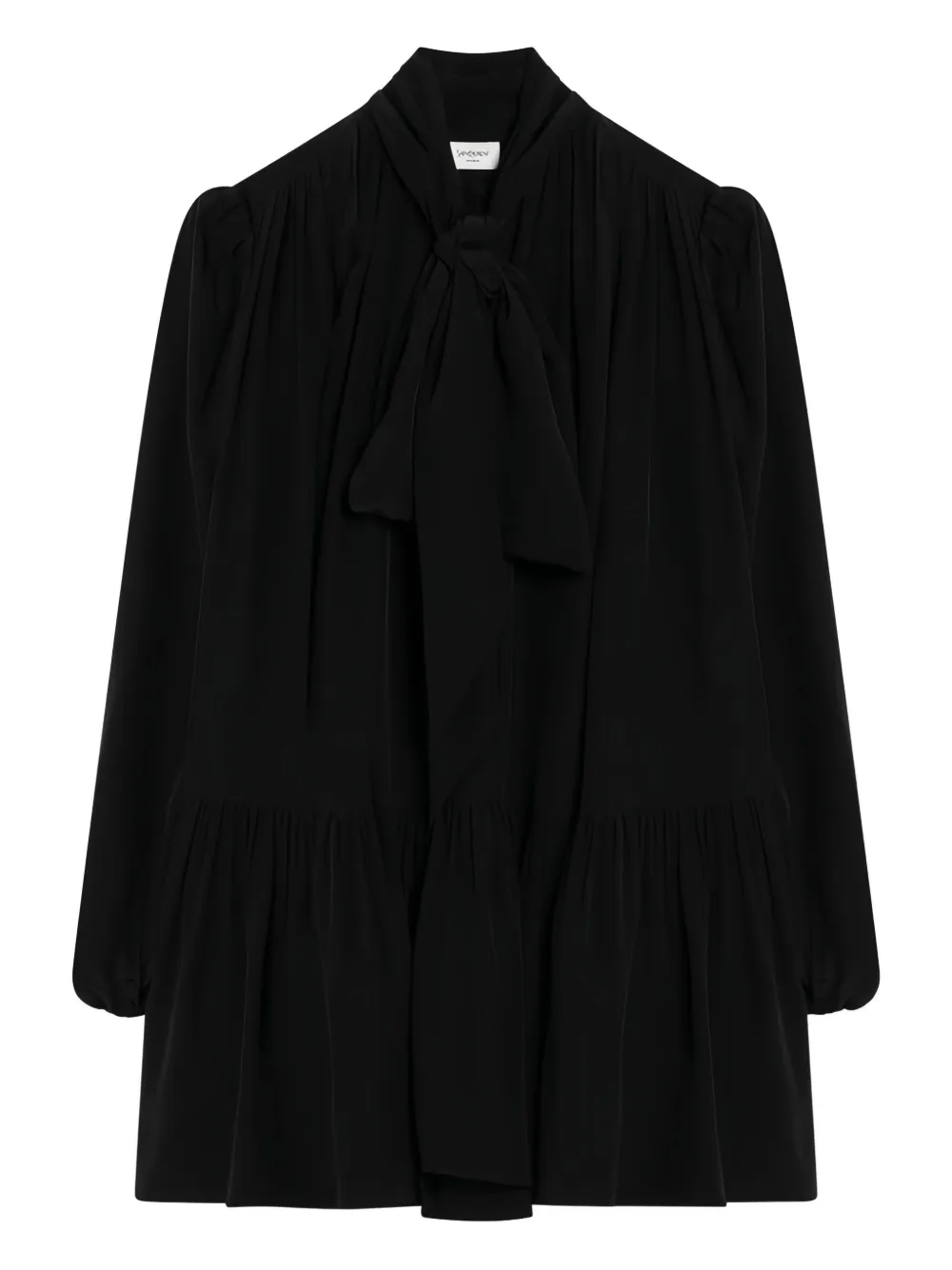 Saint Laurent Gelaagde mini-jurk met strikhals Zwart