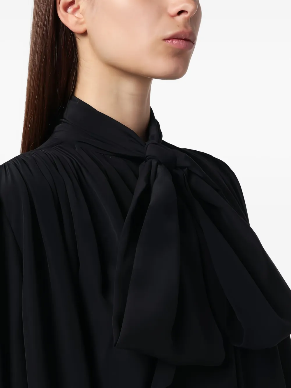 Saint Laurent Gelaagde mini-jurk met strikhals Zwart