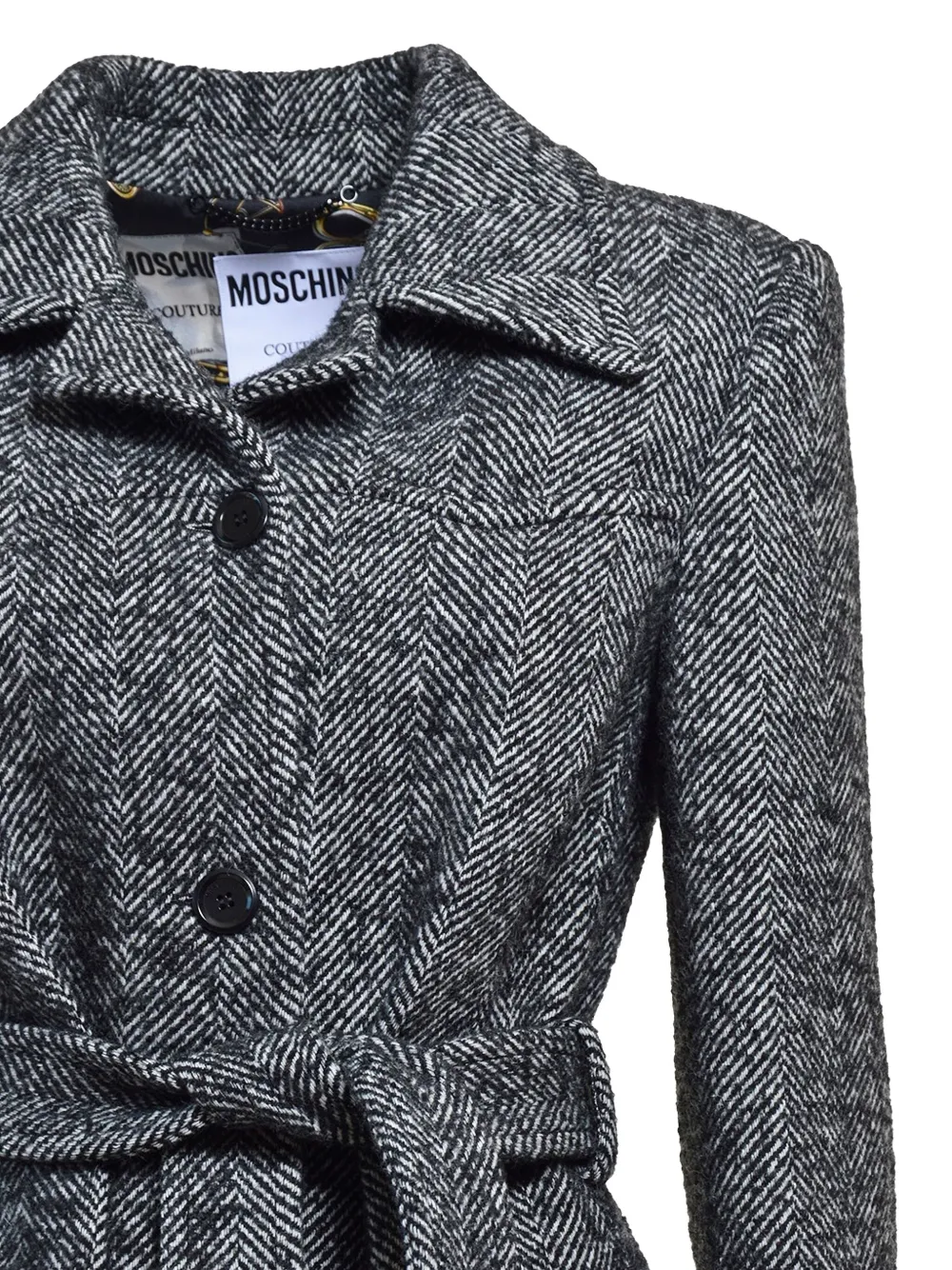 Moschino Single Breasted Wool Coat Black Herringbone Pattern