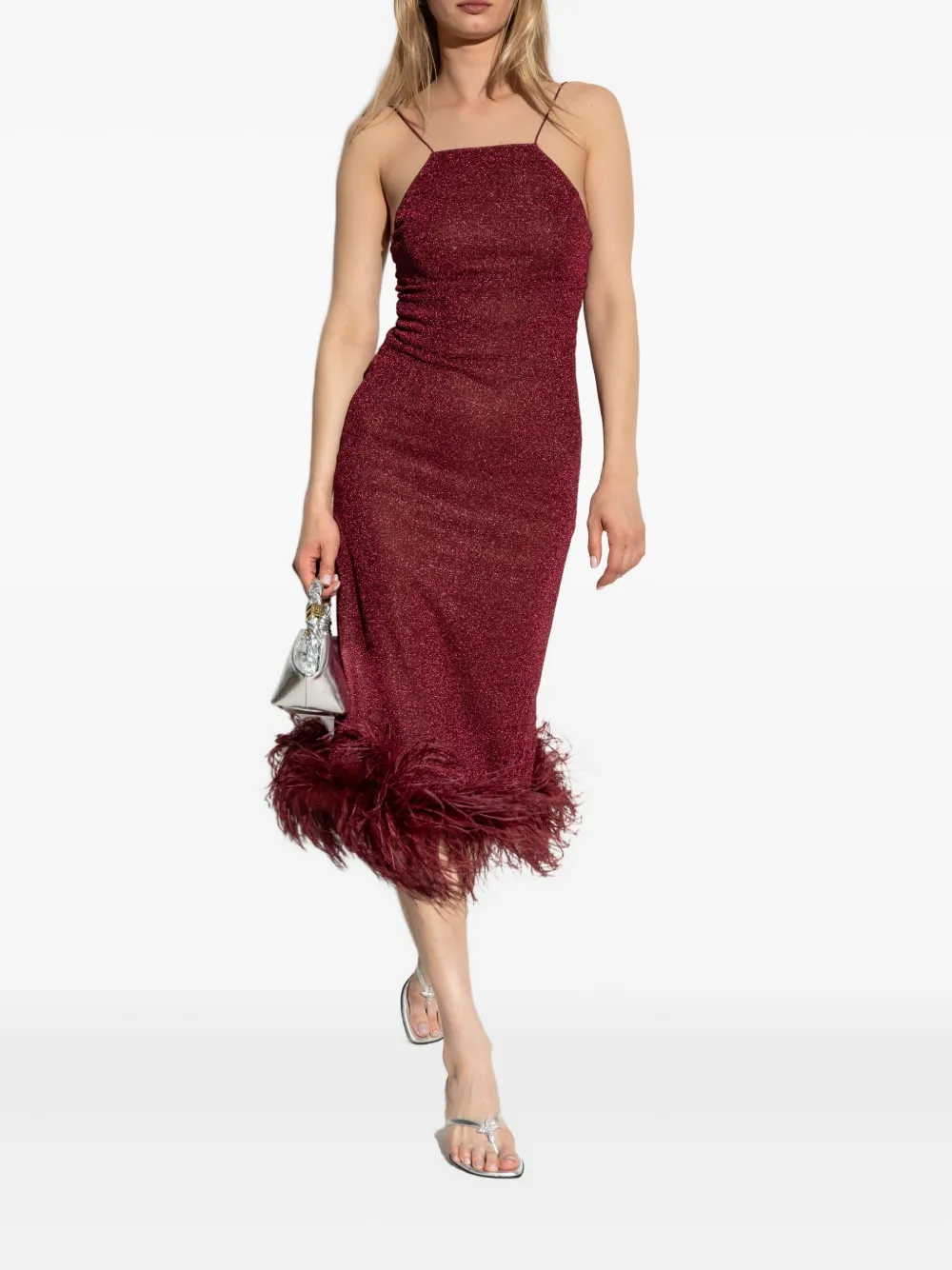 Oséree feather-trimmed sparkle midi dress - Rood