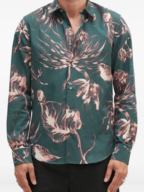 mens green floral dress shirt Panda Tropical Leaves Long Sleeve Men Button Up Shirt, Green Floral Summer Print Dress Buttoned Collar Casual Dress Shirt with Chest Pocket S