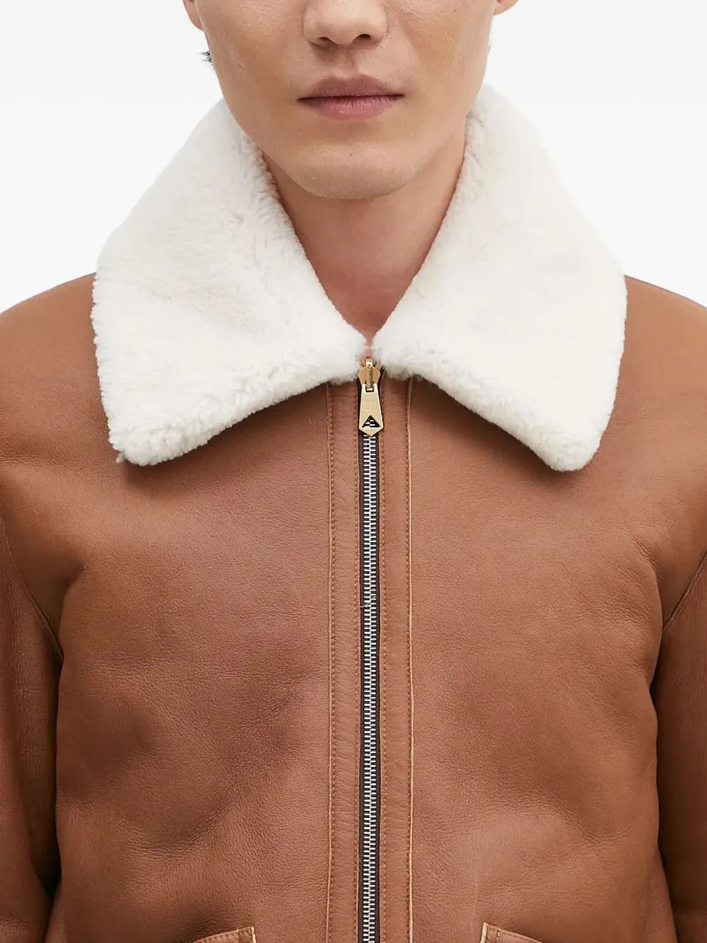 Paul Smith Leren jack met lammy kraag Bruin
