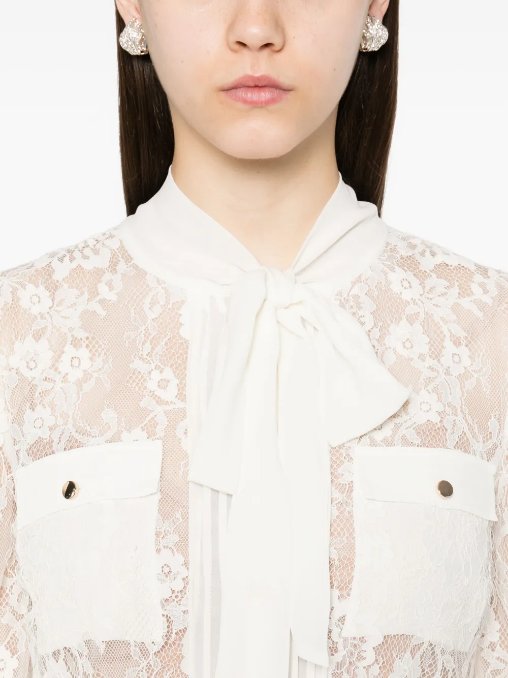 Self-Portrait Midi-jurk met strik van kant Wit