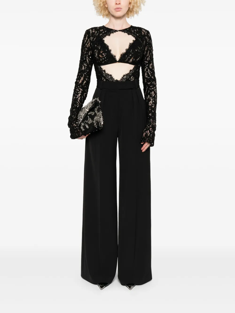 NISSA sequin-detail lace bodysuit - Zwart