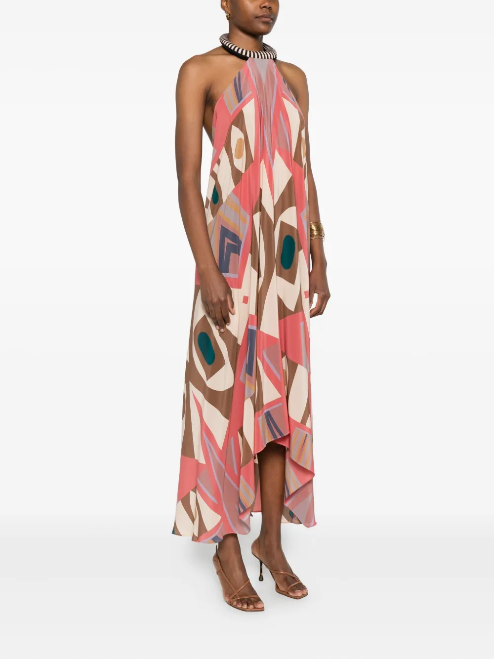 Volantis Maxi-jurk met halternek en geometrische print Beige