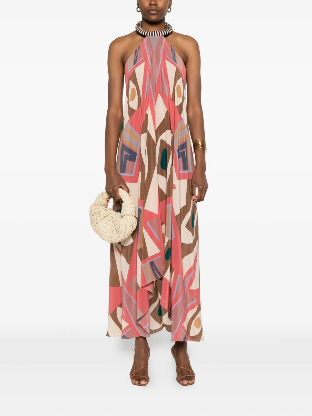 Volantis Maxi-jurk met halternek en geometrische print Beige
