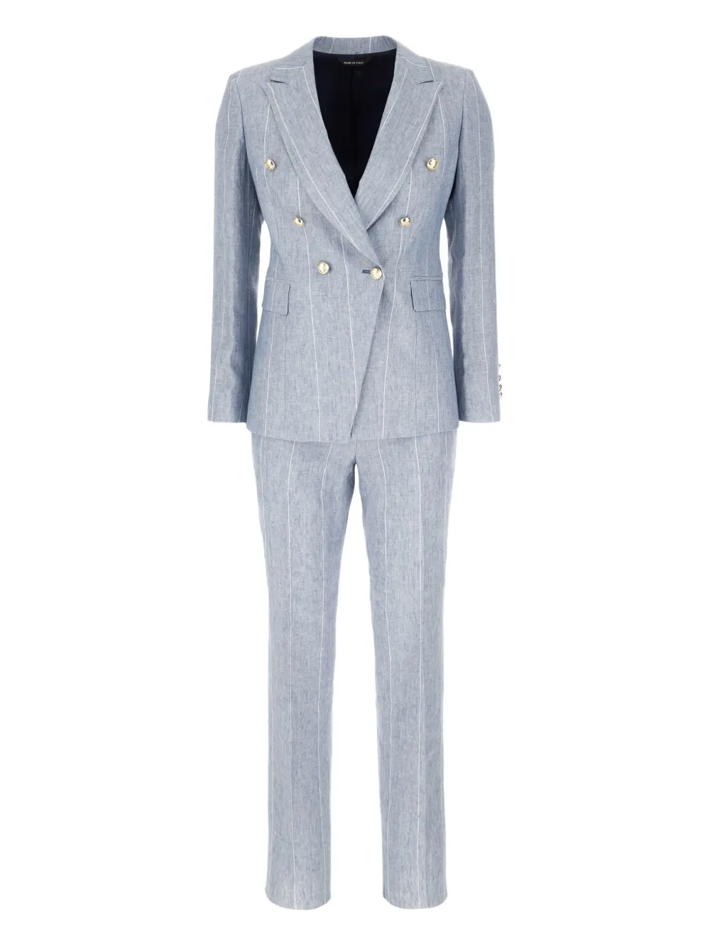 Colamarino Pinstripe Double-breasted Linen Suit In Blue
