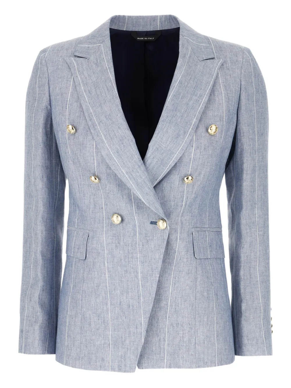 Colamarino Pinstripe Double-breasted Linen Suit In Blue
