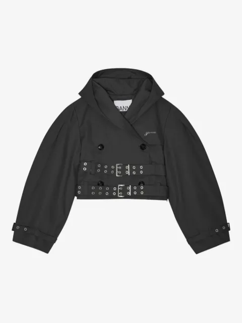GANNI black bonded cotton short trench jacket